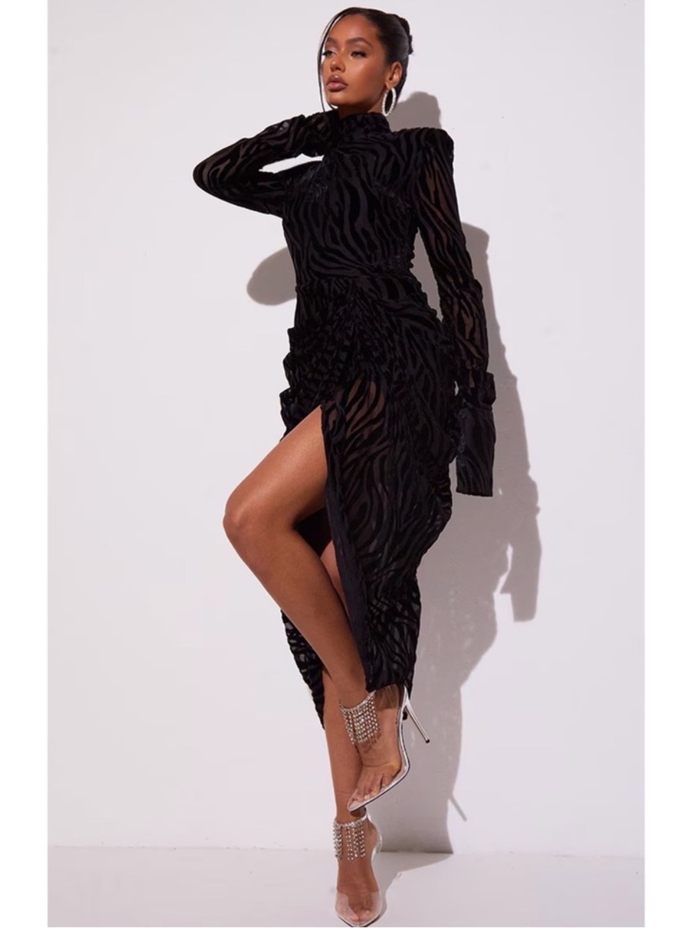 PrettyLittleThing Black Devore Sheer Velvet Zebra high Neck drape Midi Dress 4